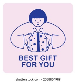 Best Gift For You Pink Card, Happy Birthday Card, Cartoon character, Smiley cute Girl hold a polka dot gift box, Minimal Square card template
