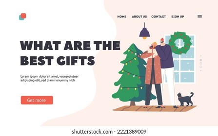 Best Gifts for Christmas Landing Page Template. Loving Couple Characters Celebrate. Young Man Prepare Gift To Girlfriend Close Her Eyes For Xmas Or New Year At Home. Cartoon People Vector Illustration