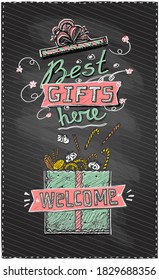 Best gifts here, chalkboard graphic vector poster concept