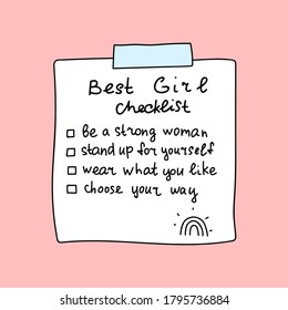 Best girl checklist. Hand drawn illustration on pink background.