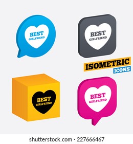 Best girlfriend sign icon. Heart love symbol. Isometric speech bubbles and cube. Rotated icons with edges. Vector