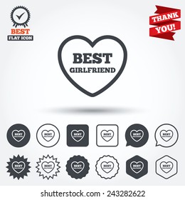 Best girlfriend sign icon. Heart love symbol. Circle, star, speech bubble and square buttons. Award medal with check mark. Thank you ribbon. Vector