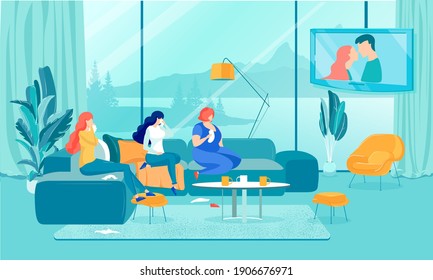 Best Girlfriends Watching Romantic Sad Drama Movie about Love on TV Set. Female Friends Sitting on Couch Crying. Kissing Couple on Screen. Flat Home Living Room Interior. Vector Cartoon Illustration