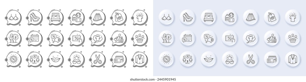 Best glasses, T-shirt and Skirt line icons. White pin 3d buttons, chat bubbles icons. Pack of Pillows, Baggage, Deckchair icon. Lips, Bra, Discount pictogram. Buying process, Dry t-shirt, Suit. Vector