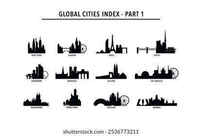 Best global cities - logo, icon pack with skylines of New York, London, Paris, Tokyo, Beijing, Brussels, Singapore, Los Angeles, Melbourne, Hong Kong, Chicago, Madrid