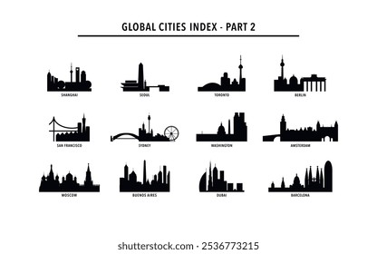 Logo de las mejores ciudades globales, paquete de iconos con horizontes de Shanghai, Seúl, Toronto, Berlín, San Francisco, Sydney, Washington, Amsterdam, Moscú, Buenos Aires, Dubai, Barcelona