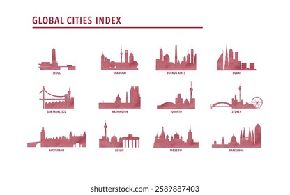 Best global cities logo, icon pack with skylines of Shanghai, Seoul, Toronto, Berlin, San Francisco, Sydney, Washington, Amsterdam, Moscow, Buenos Aires, Dubai, Barcelona. Red watrcolor style