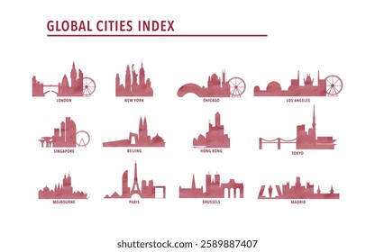 Best global cities - logo, icon pack with skylines of New York, London, Paris, Tokyo, Beijing, Brussels, Singapore, Los Angeles, Melbourne, Hong Kong, Chicago, Madrid. Red watercolor style