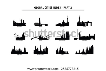 Best global cities logo, icon pack with skylines of Shanghai, Seoul, Toronto, Berlin, San Francisco, Sydney, Washington, Amsterdam, Moscow, Buenos Aires, Dubai, Barcelona