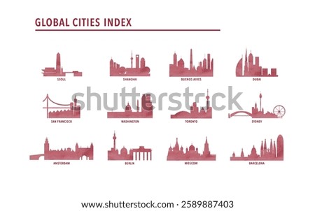 Best global cities logo, icon pack with skylines of Shanghai, Seoul, Toronto, Berlin, San Francisco, Sydney, Washington, Amsterdam, Moscow, Buenos Aires, Dubai, Barcelona. Red watrcolor style