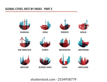 Melhores cidades globais logotipos, ícones para infográficos, índice, apresentação, ranking - Xangai, Seul, Toronto, Berlim, São Francisco, Sydney, Washington, Amsterdam, Moscou, Buenos Aires, Dubai, Barcelona