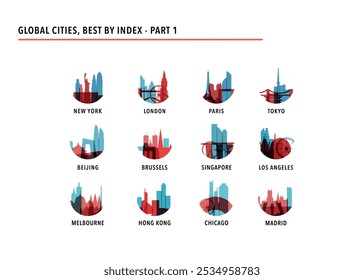 Los mejores logotipos de ciudades globales, iconos para infografías, índice, presentación, clasificación - Nueva York, Londres, París, Tokio, Pekín, Bruselas, Singapur, Los Ángeles, Melbourne, Hong Kong, Chicago, Madrid