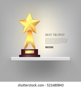 Best gold star trophy standing on white long shelf. Shiny, glossy prize with star on top and two offshoots. Little brown basement. Silver backgroung. Winning. Flat design. Vector illustration.