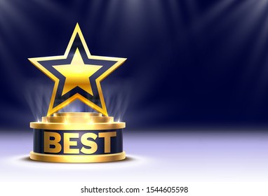 Best golden star cup winner, Stage Podium Scene with for Award Ceremony on Night Background. Vector illustration