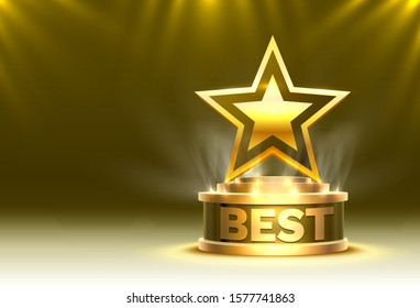 Best Golden Star Cup Winner, Stage Podium Scene With For Award Ceremony On Night Background. Vector Illustration