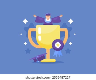 best graduate concept. become a winner and get the best grade or cum laude. get a degree and graduate. education and achievement. illustration of a graduate happy because he got a trophy. flat style