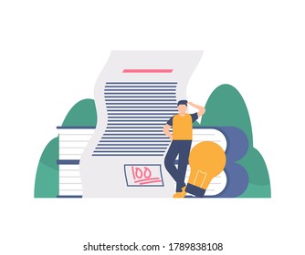 best graduate concepts, perfect grades, cum laude, smart students. illustration of a man leaning against a book and examination paper. flat design. can be used for elements, landing pages, UI, website