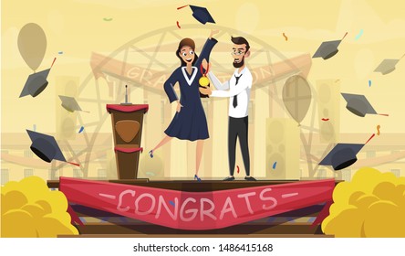 Best Graduates and Excellent Students Awarding. Graduating Schoolgirl in Gown Receiving Gold Medal. Rector, Professor, Teacher Giving Reward to Pupil. Flat University Stage. Vector Illustration