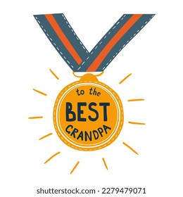 Best grandfather award badge. Medal for Fathers Day isolated element. Best grandpa congratulation. Vector illustration. Cute cartoon greeting card for Dad Day celebration.