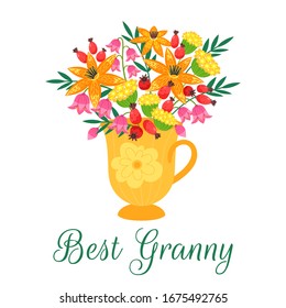 Best Grandma flat vector postcard, greeting card template. 