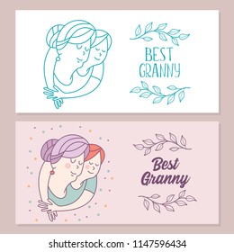 Best grandma. Grandmother and her beloved grandson. Day of the elderly person. Family day. Cute vector greeting card. The concept of a happy family, a happy old age in the circle of loving relatives.