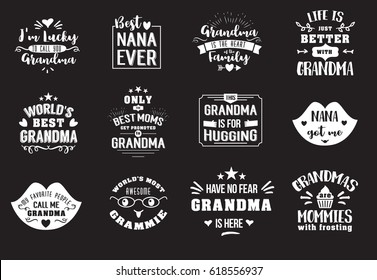 Mejor abuela escrita a mano en texto con letras de pizarra, ser ascendida a abuela, afortunadamente para llamar, insignias de diseño tipográfico en estilo caligrafía, ilustración vectorial en fondo negro