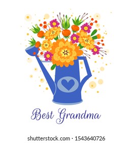 Best Grandma. For you flat vector postcard, greeting card template. Bouquet of flowers in watering can cartoon illustration. Anniversary party, celebration invitation with floral.