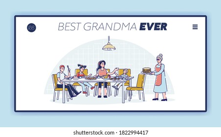 Best grandmother landing page template with big family visit granny for holiday dinner and family holiday home celebration. Linear vector illustration