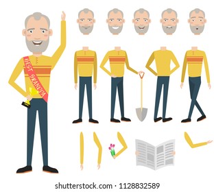 Best grandpa with award character set with different poses, emotions, gestures. Parts of body, newspaper, flowers. Can be used for topics like success, retirement, pensioner