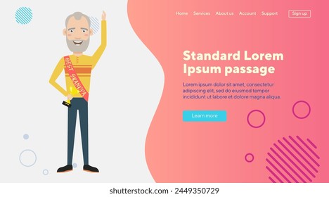 Best grandpa with award cup. Senior man with shoulder strap ribbon and best grandpa inscription. Vector illustration. Success, retirement, pensioner concept for banner, website design or landing page