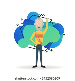 Best grandpa with award cup. Senior man with shoulder strap ribbon and best grandpa inscription. Vector illustration. Success, retirement, pensioner concept for banner, website design or landing page