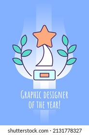 Best graphic designer greeting card with color icon element. Visual content. Postcard vector design. Decorative flyer with creative illustration. Notecard with congratulatory message on blue