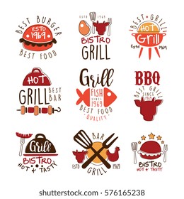 Best Grill Bar Promo Signs Series Of Colorful Vector Design logo Templates With Food Silhouettes. Meat Gastronomy Restaurant Labels Illustrations With Text.