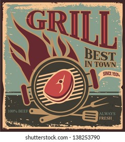 Best grill in town - vintage tin sign. Retro BBQ poster template with fresh beef steak.