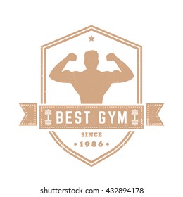 Best gym vintage logo, badge with posing athlete on shield shape, isolated on white, vector illustration