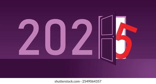 Best Happy New Year 2025 poster design, 2025 peeping from the door, digit 5 peeping, Dark and light purple color, Vector Illustrator eps 10.