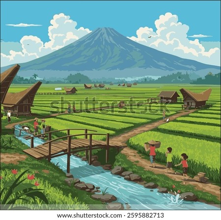 Best HD Breathtaking Quality Vector Illustration of Majestic Mountains and Rice Paddies