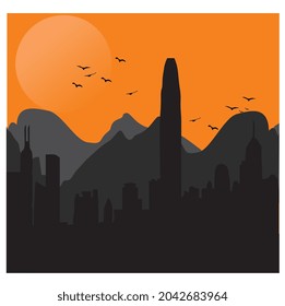 BEST HD QUALITY VECTOR ICON ILLUSTRATION  SILHOUETTE  SKYLINE HIGH TOWER HK HONG KONG SILHOUETTE SUNSET