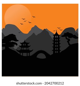 BEST HD QUALITY VECTOR ICON ILLUSTRATION  SILHOUETTE  SKYLINE JAPAN NATURE KYOTO MOUNTAIN SILHOUETTE FOREST