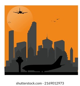 BEST HD QUALITY VECTOR ICON ILLUSTRATION SILHOUETTE  SCENE BUILDING LANDSCAPE AIRPORT AIRPLANE TAKE OFF