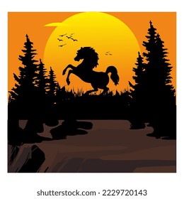 BEST HD QUALITY VECTOR ICON ILLUSTRATION SILHOUETTE HORSE IN THE MIDDLE OF THE FOREST WILDLIFE