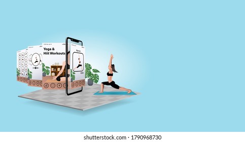 The best health and fitness application sport yoga in smartphone, concept get inspired through exercise daily workouts at home with situation of the spread of covid disease for vector illustration