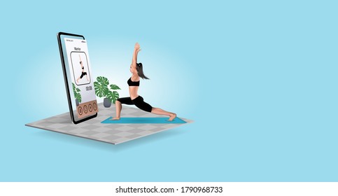 The Best Health And Fitness Application Sport Yoga In Smartphone, Concept Get Inspired Through Exercise Daily Workouts At Home With Situation Of The Spread Of Covid Disease For Vector Illustration