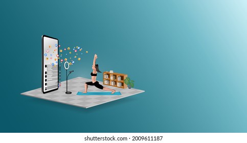 The Best Health Or Fitness Application Sports Yoga In Smartphone, Concept Get Inspired Through Exercise Daily Workouts At Home With The Situation Of The Spread Of Covid Disease For Vector Illustration