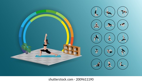 Best Health Or Fitness Workout For Multi-pose Yoga Sports. Concept Inspired By Daily Exercise At Home With Covid Spread Scenario For Vector Illustration. Practice, Learn Posture, Exercise, Yoga.