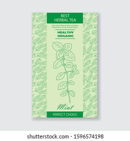 Best herbal tea.Vector Mint packaging design or label. Vintage illustration with hand drawn sketch. Line art style.