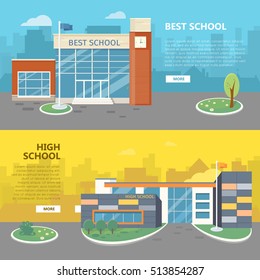 Best and high school web banners. Modern and classic school buildings with trees flowerbed, flag on yard flat vector illustrations, color city silhouettes on background. For landing page design