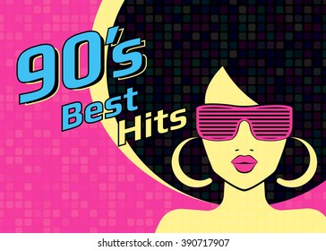 Best Hits Of 90s Illistration With Disco Woman Wearing Glasses On Pink Background. Bright Illustration For Retro Party Flyer Or Poster