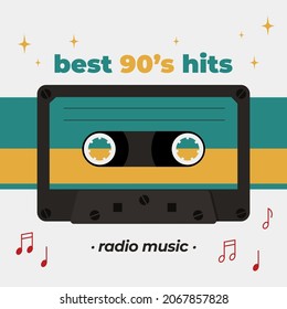 Best 90’s hits poster with compact cassette image. Vector retro style illustration