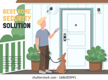 Best home security solution banner flat vector template. Smart protection brochure, poster concept design with cartoon characters. Protection technology horizontal flyer, leaflet with place for text